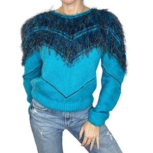 Vintage 80s 90s neon blue eyelash feather fringe pullover sweater